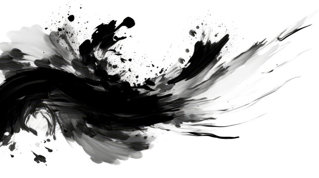 Chinese ink black and white abstract wallpaper. Simple minimal banner of brush strokes. Artistic japanese painting. Tradition zen banner. Splash of paint. Card paper with dark isolated stains texture
