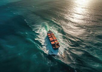 Drone view container ships sailing through turbulent seas. Transportation concept. International shipment. Generative AI.
