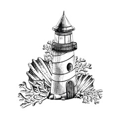 Sea lighthouse with corals and seashells. Illustration of hand drawn graphics, vector in EPS format. Composition isolated on white background.
