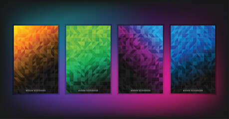 Abstract geometric composition forms modern background with decorative triangles and patterns backdrop vector illustration set