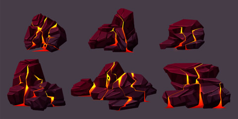 Volcano boulder texture with lava in cracks and broken stones. Volcanic rocks with light effect in fissures and surface breaks with hot magma, vector cartoon illustration © klyaksun