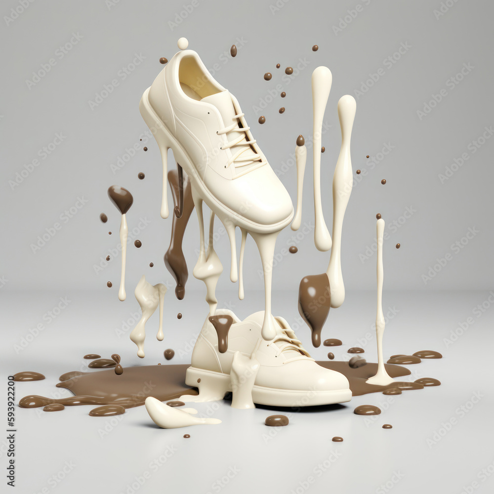 Poster pair of white shoes with splashes of chocolate. 3d rendering generative ai