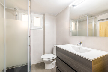 Fototapeta na wymiar Comfortable white toilet with a large sink, a mirror, a toilet bowl and a glazed shower in a new comfortable hotel. The concept of a simple but stylish bathroom design
