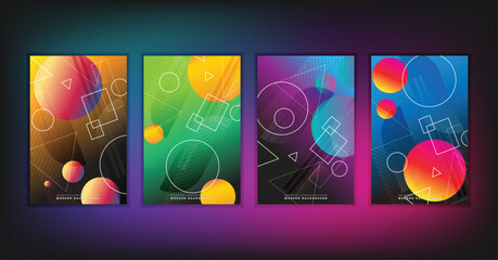 Abstract geometric composition forms modern background with decorative triangles and patterns backdrop vector illustration set