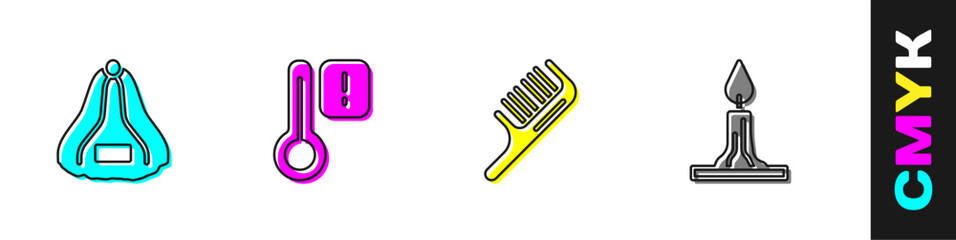 Set Sauna hat, thermometer, Hairbrush and Burning candle icon. Vector