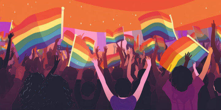 Vector illustration of crowd of people holding lgbt rainbow flags. Pride Month and Day: love conquers all, generative ai