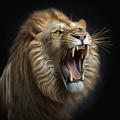 Lion roaring and pulling out his teeth. Generative AI.