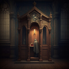 Confessional in a church. Generative AI.