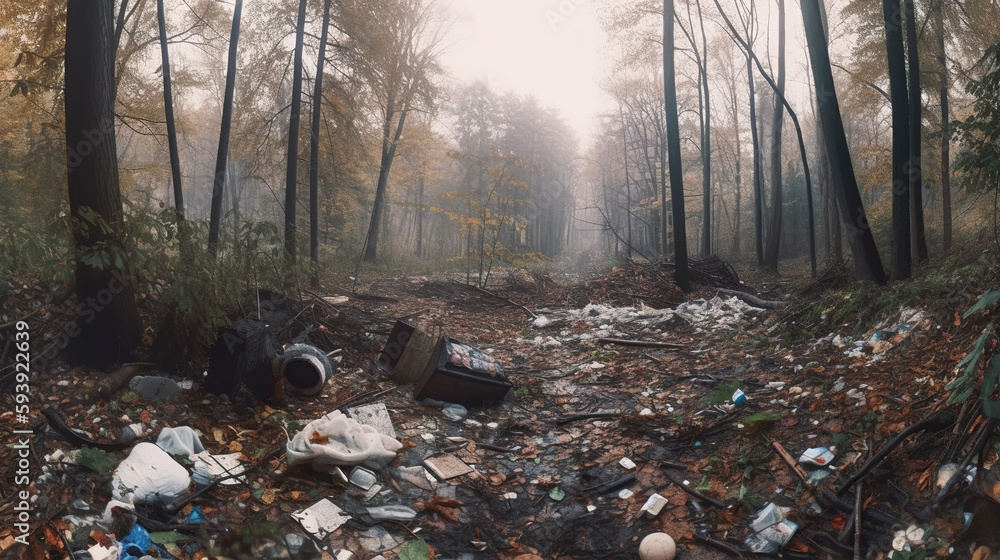 Poster garbage in the forest on a foggy misty morning. generative ai