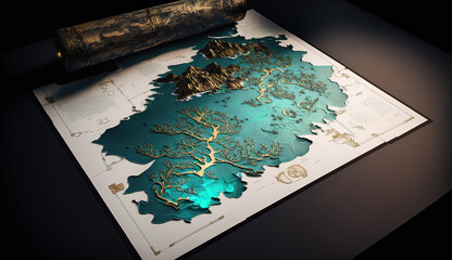 Old map of the island on a dark background. Generative AI