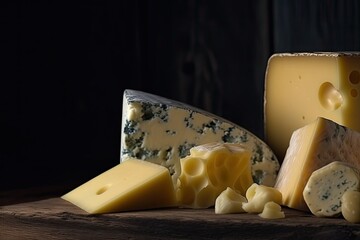 various types of cheese on wooden background, ai generative