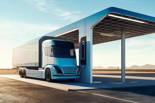Electric truck standing at a loading station. AI generativ