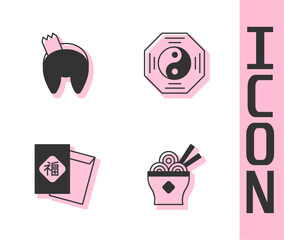 Set Asian noodles in bowl, Chinese fortune cookie, New Year and Yin Yang symbol icon. Vector
