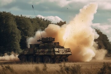 Fototapeta na wymiar British army self propelled M270 Multiple Launch Rocket System (MLRS) in action on a military exercise. Generative AI