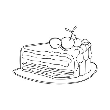 Piece of cake with a cherry on a plate. Hand drawn vector illustration.