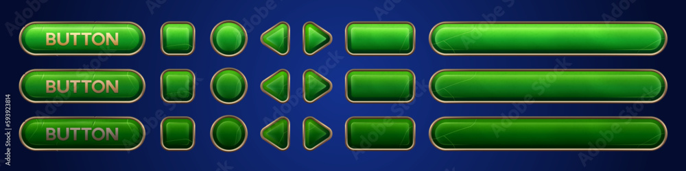 Poster green ui vector button animation for game interface cartoon set. hover banner gold frame design isol