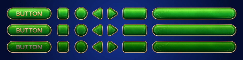 Green ui vector button animation for game interface cartoon set. Hover banner gold frame design isolated on dark background. Arrow, circle and signboard label for player menu. Log bar click collection