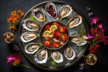 Fototapeta na wymiar oysters with lemon and mussels on a plate, seafood, ai generative