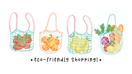 Group of Eco-Friendly reusable shopping bag full of fresh fruits and vegetable watercolor hand drawing illustration banner isolated on white background