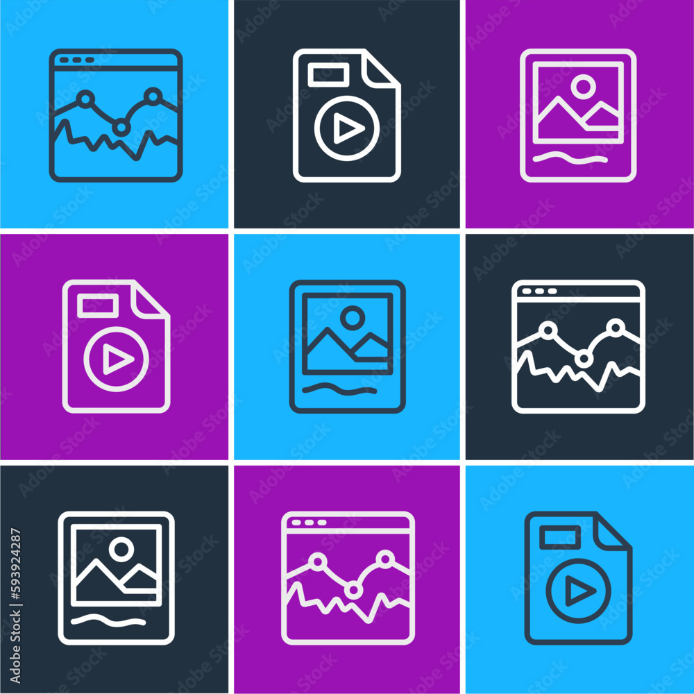 Poster set line music wave equalizer, photo frame and avi file document icon. vector