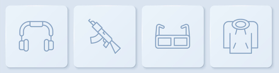 Set line Headphones, Glasses, Submachine gun and Hoodie. White square button. Vector