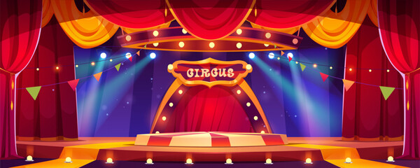 Circus cartoon stage with ring vector background. Carnival tent with round arena scene for amusement show. Red theater curtain with podium and spotlight illustration. Vintage marquee perform platform © klyaksun