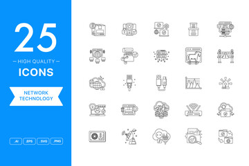 Vector set of Network Technology icons. The collection comprises 25 vector icons for mobile applications and websites.