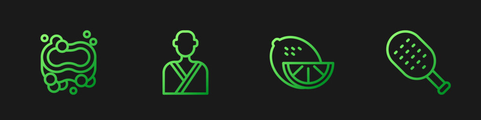 Set line Lemon, Bar of soap, Man in the sauna and Sauna brush. Gradient color icons. Vector