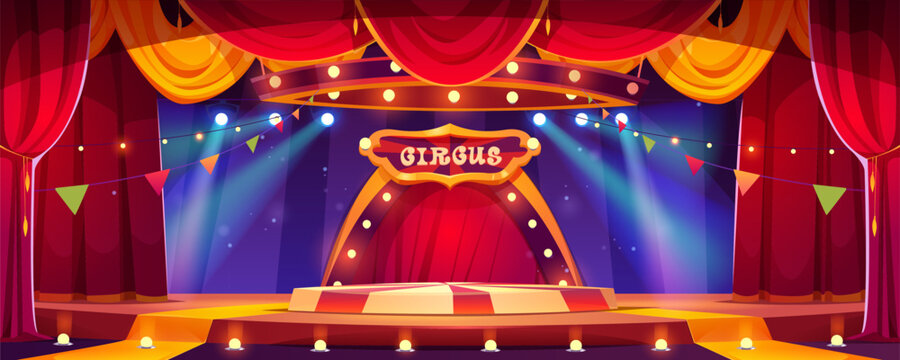 Circus cartoon stage with ring vector background. Carnival tent with round arena scene for amusement show. Red theater curtain with podium and spotlight illustration. Vintage marquee perform platform