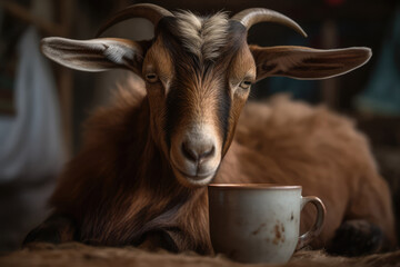 Goat With Sleepy Face Holding Chai Tea. Generative AI - obrazy, fototapety, plakaty