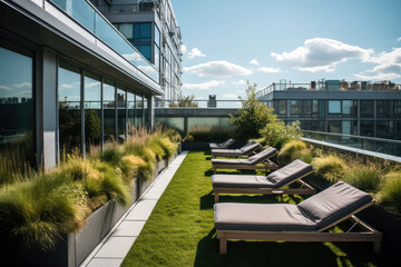 Rooftop Garden With Lush Green Lawn And Sun Loungers. Sustainability And Conservation. Generative AI