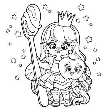 Cute cartoon long haired girl tooth fairy with big toothbrush outlined for coloring page on white background