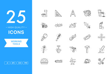Vector set of Working Tools icons. The collection comprises 25 vector icons for mobile applications and websites.