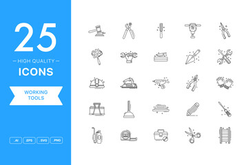 Vector set of Working Tools icons. The collection comprises 25 vector icons for mobile applications and websites.
