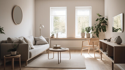 A living room of a beautiful bright modern Scandinavian style house with large windows opening, generative AI