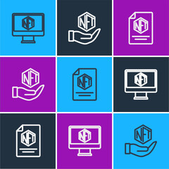 Set line Monitor with art store app, NFT contract and Digital crypto icon. Vector