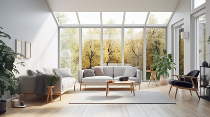 A living room of a beautiful bright modern Scandinavian style house with large windows opening, generative AI