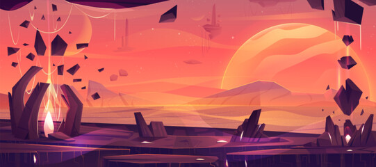 Mars planet desert cartoon vector space landscape. Martian ground surface with rock and mountain under red sky. Fantastic galaxy horizon. Game cosmic start screen ui illustration with flying stone. © klyaksun