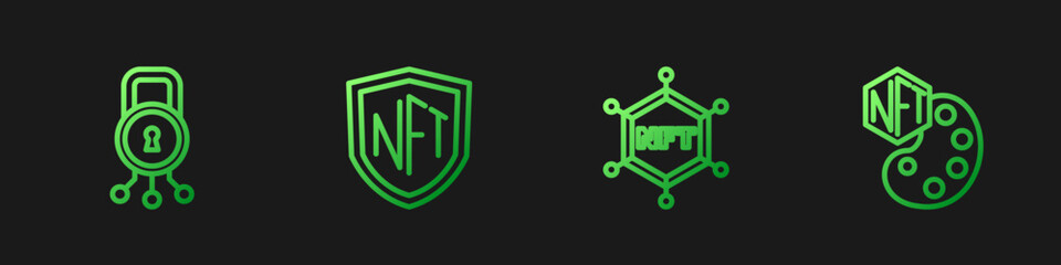 Set line NFT blockchain technology, Cyber security, shield and Digital crypto art. Gradient color icons. Vector