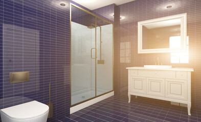 Modern bathroom: unique design with bright blue ceramic tiles. 3D rendering.. Sunset.