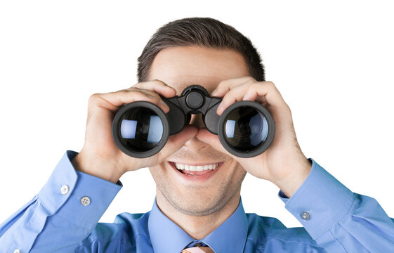 Smiling Businessman Using Binoculars