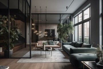 Fototapeta na wymiar interior of luxury condominium with minimalist furniture and lush house plants and abstract wall paintings modern architecture. Generative AI