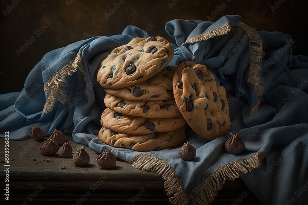 Aufkleber set of chocolate chip cookies stacked in front of a tablecloth generative ai