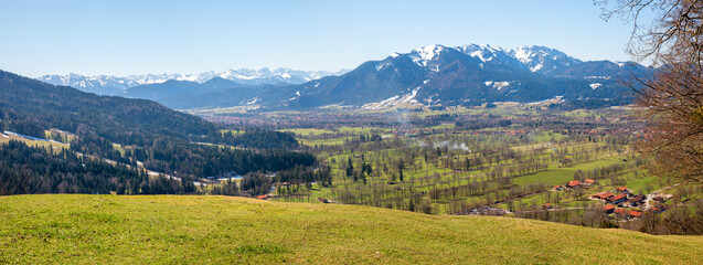 view from Sunntraten hiking trail to Brauneck mountain, bavarian landscape
