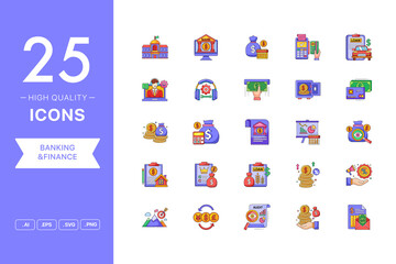 Vector set of Banking And Finance icons. The collection comprises 25 vector icons for mobile applications and websites.