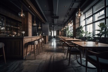 Fototapeta na wymiar Perspective of modern restaurant with design furniture. Generative AI