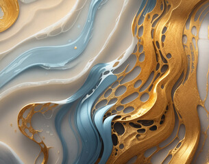 Abstract marble background in light blue and white colors with gold streaks. Ai generative illustration
