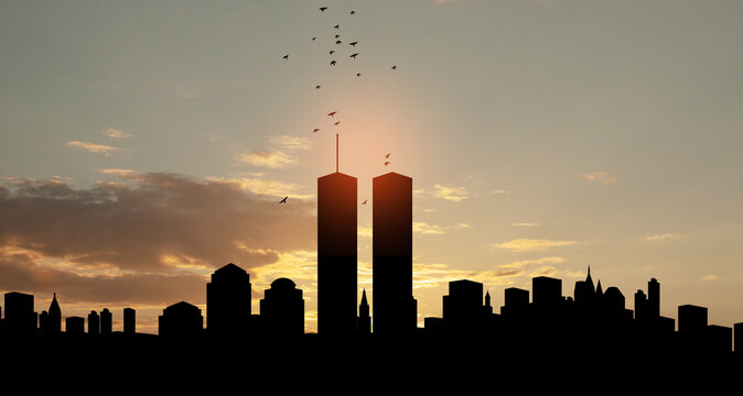 New York skyline silhouette with Twin Towers and birds flying up like souls at sunset. American Patriot Day banner.