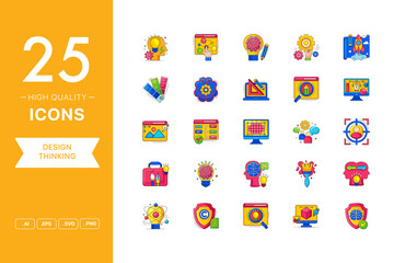 Vector set of Design Thinking icons. The collection comprises 25 vector icons for mobile applications and websites.
