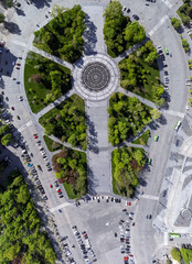 Aerial panorama on Freedom Square with a circle fountain look down. Kharkiv city in spring, Ukraine